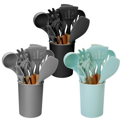 11Pcs Kitchen Silicone Cooking Utensil Set with Holder Heat Resist Wooden Handle