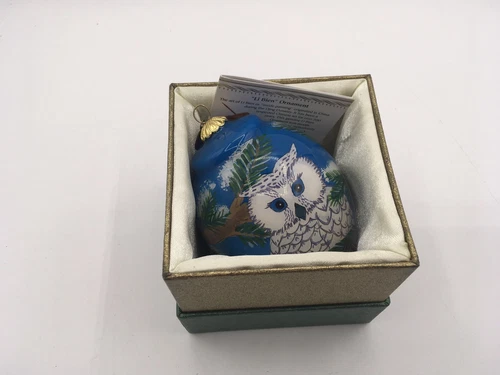 Pier 1 LI BIEN 2015 HAND PAINTED OWL ON SNOWY BRANCH, DROP ORNAMENT BOXED