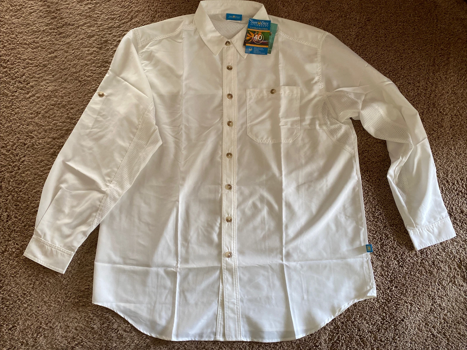 NWT-Men’s Size XXL 40 UPF Outdoor Fishing Vented White Shirt Sun Day Afternoons