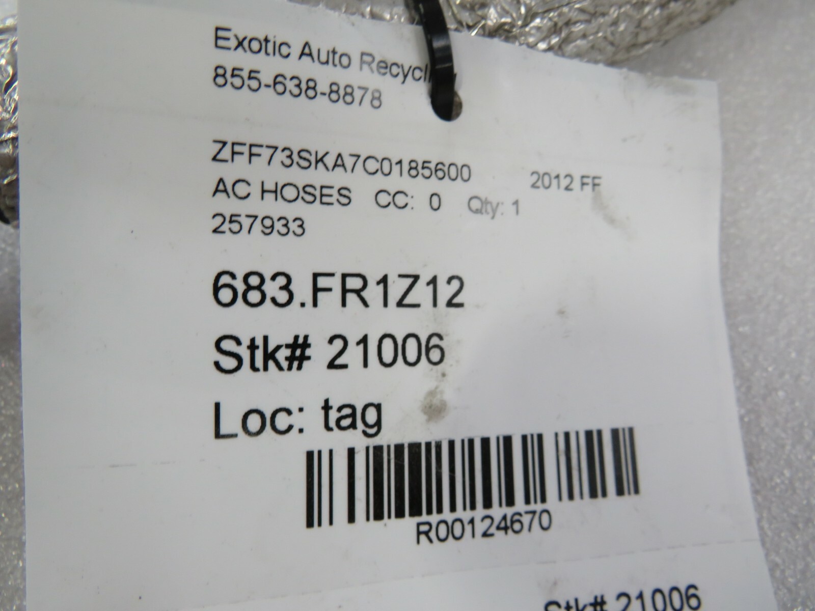 Ferrari FF, AC Hose, Used, P/N 257933