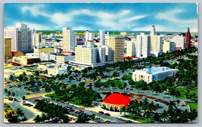 Hotel Row Biscayne Blvd Miami Florida Vintage Aerial Chrome Postcard H13