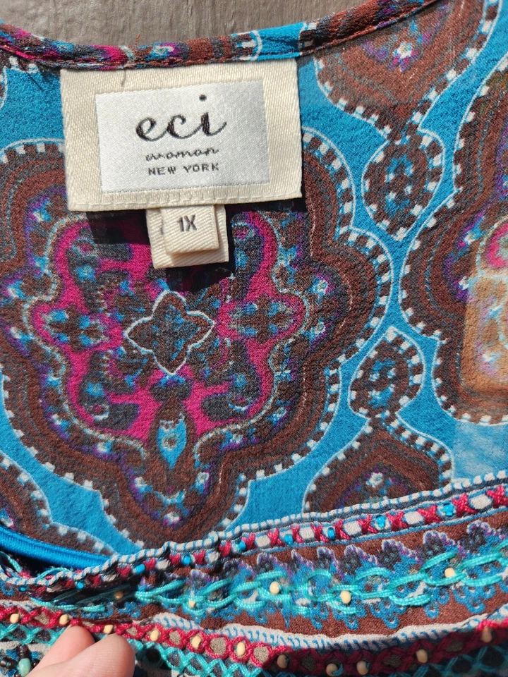 Blusa de seda transparente Eci con tanque en marrón con manga acampanada turquesa cuentas 1X Foto 3 de 4