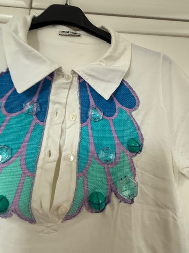 polo miu miu, bianca, XS, verde dettaglio blu, strass - Foto 3 di 5