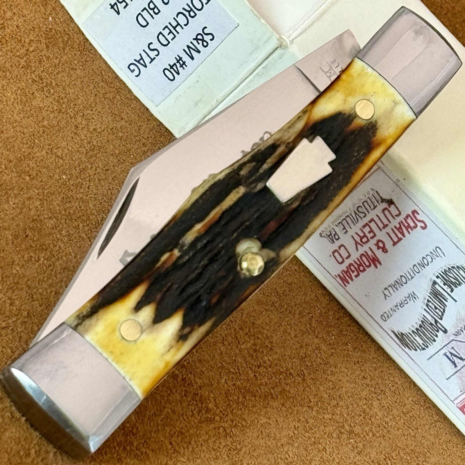 Schatt & USA Torched Stag Gunstock Jack Knife makers of Queen