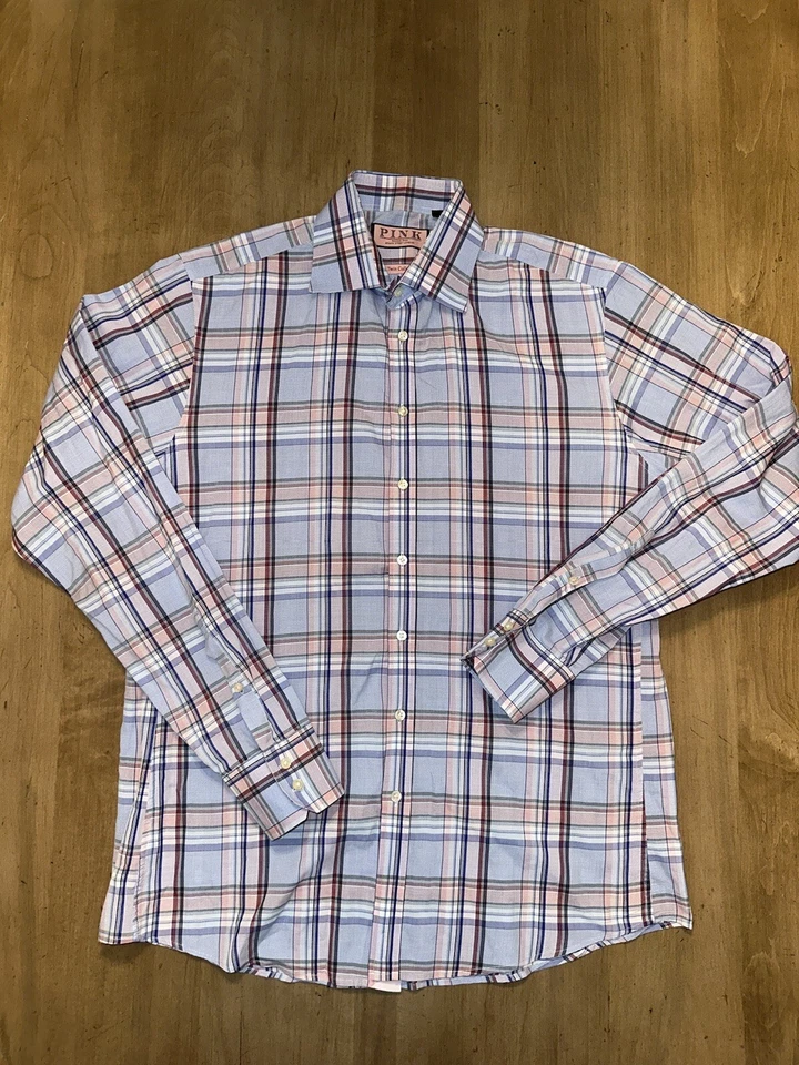 Thomas Pink Shirt Mens 16 41cm Blue Pink Plaid Twin Collection Button Up - Image 2 of 4