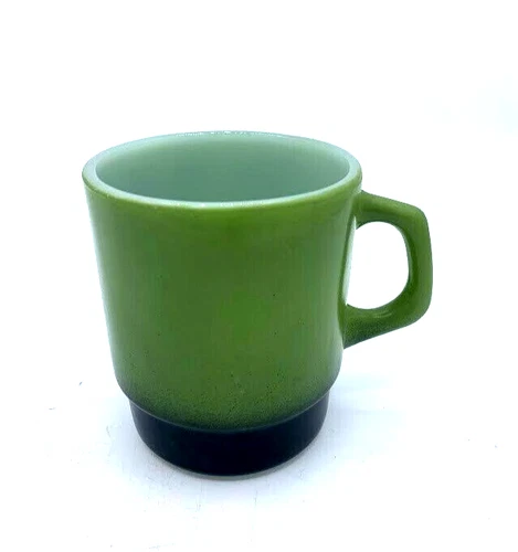 1 Anchor Hocking Fire King Milk Glass Green & Black Coffee Mug Cup VTG Stackable