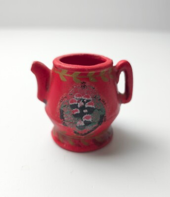 Vintage Our Own Import Red Tiny Chalkware Tea Pot Knick Knacks Toothpick Holder