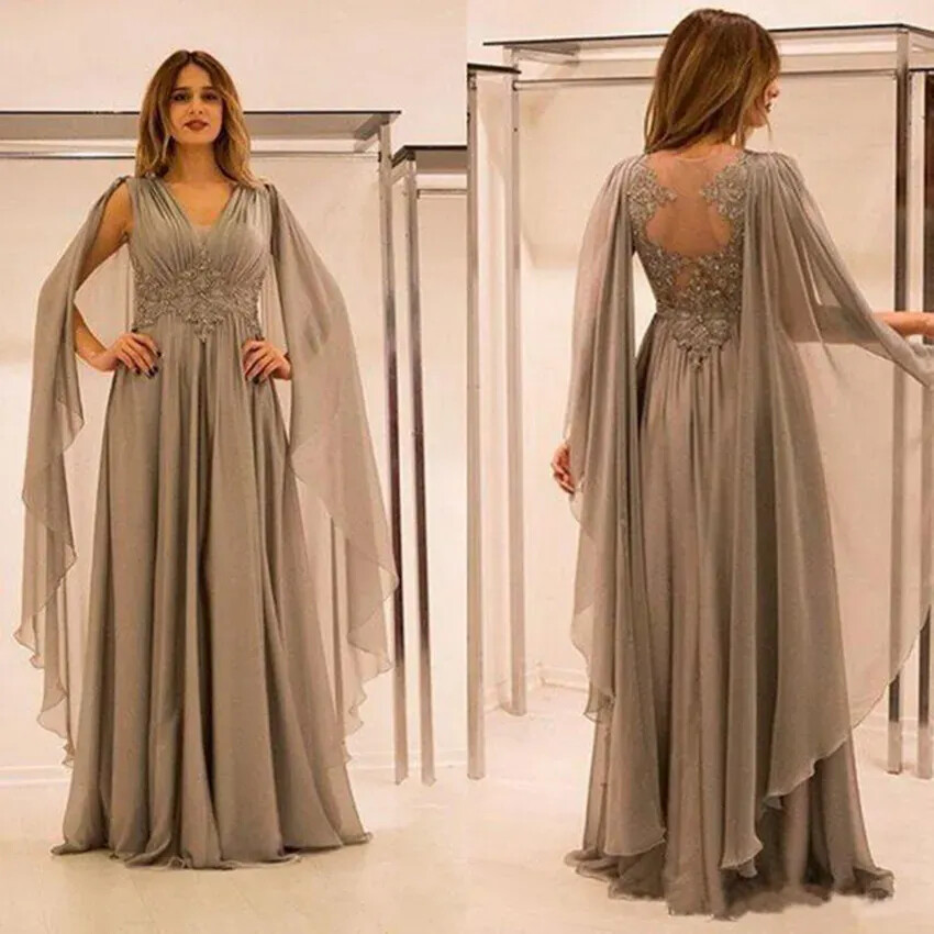 Elegant Long Gray Mother of the Bride Dress Cape Sleeves