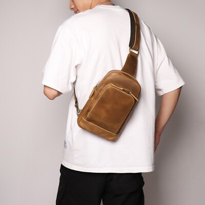 Men s Leather Chest Sling Bag Crossbody Travel Backpack Shoulder Pack