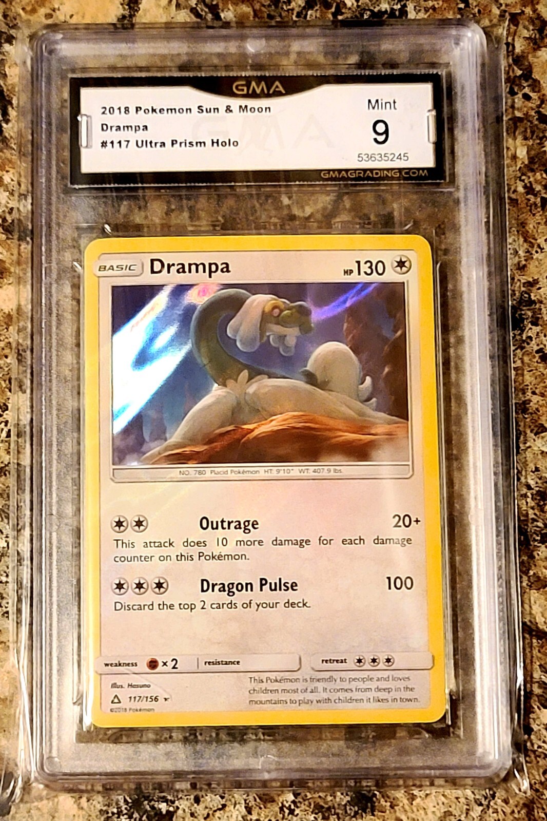 2018 POKEMON SUN & MOON ULTRA PRISM #117 DRAMPA GRADED GMA 9 MINT POKEMON CARD