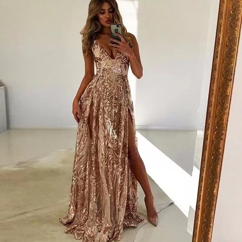 sexy sequin gold pink sheer high split 