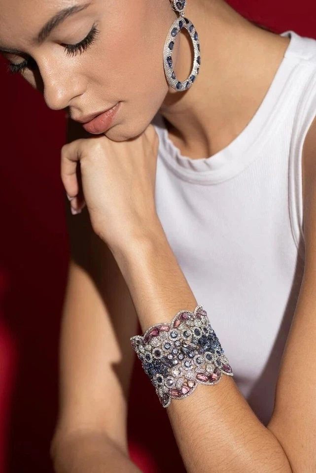 252.82 TCW Multi Cut Topaz , Sapphire & Tourmaline Wide Party Bracelet For Woman - Image 2 of 4