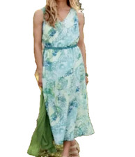 J Jill Watercolor Pacific Blue Silk Maxi Dress Womens L Sleeveless Resort Cruise