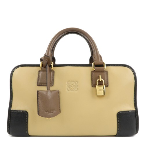 LOEWE Anagram Amasona 28 Hand Bag Beige Black Brown Leather Auth Used