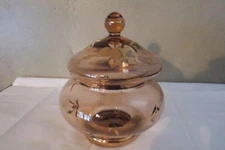 Romanian Elegant Glass Gold Overlay Covered Candy Dish Dusty Rose