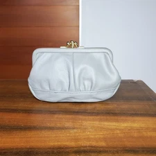 Purse 6x4" NEW Coin Wallet Leather Kiss Lock Pouch 3 Pocket Section Grey Vintage