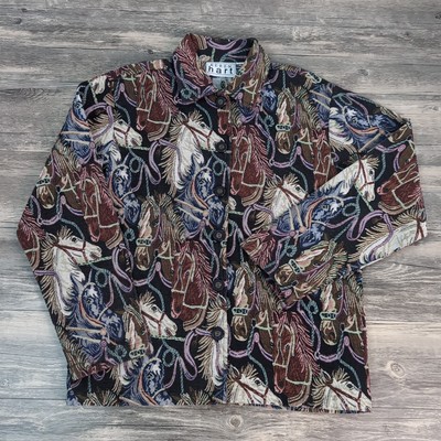 Vtg Keren Hart Womens Medium Horse Inspired Jacket All Over Print Button Blazer