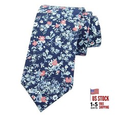 Men Skinny Tie Cotton Floral Necktie for Wedding Groomsmen Tie Navy Nlue