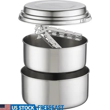 Durable Stainless Steel Camping Cookware Set W/ Pot Lifter & Nesting Design New