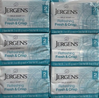 6 PACK- Jergens Mild Soap, Refreshing Fresh & Crisp, 12 Bars - 3 Oz. (Each)