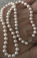 Vintage Akoya Pearl Necklace White with Pink & Lavender Overtones 14k 17” 6.4mm