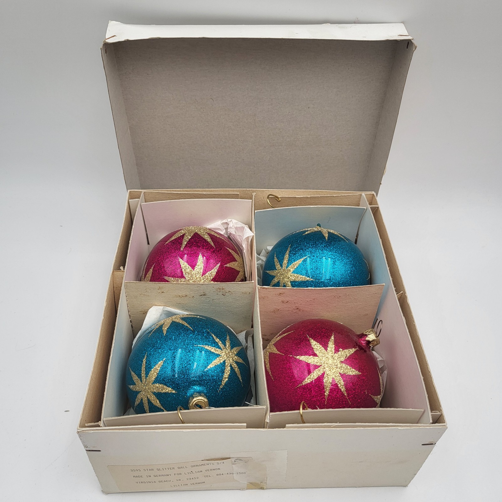 Vtg Lillian Vernon Atomic Star Glittered Glass Ball Christmas Ornaments Germany