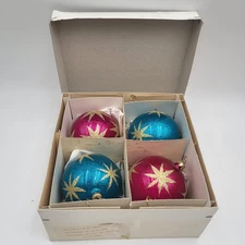 Vtg Lillian Vernon Atomic Star Glittered Glass Ball Christmas Ornaments Germany
