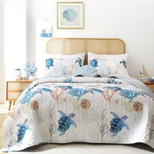 Coastal Quilt Set Queen Size - Sea Turtle Ocean Print Lightweight Soft Microfibe