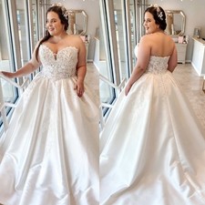 Strapless 3D Floral Satin Ball Gown Long Train Plus Size Wedding Bridal Dresses