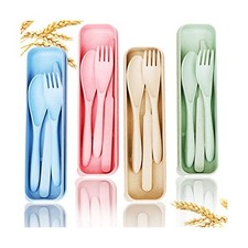 Reusable Travel Utensils Set with Case, 4 Sets Wheat Straw Portable Knife For...