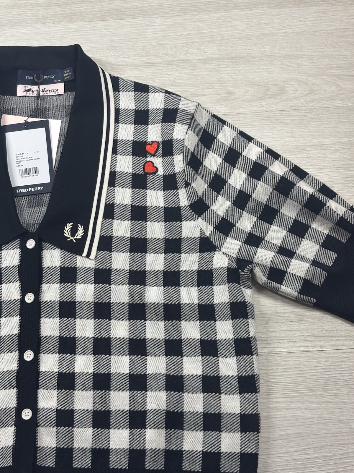 Fred Perry Amy Winehouse Gingham Knitted Shirt Black & White Size 16 Brand New image 8