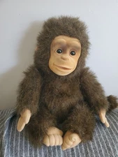 Hosung Brown Baby Monkey Hand Puppet 10" Plush Flocked Face Vintage Chimp Squeak