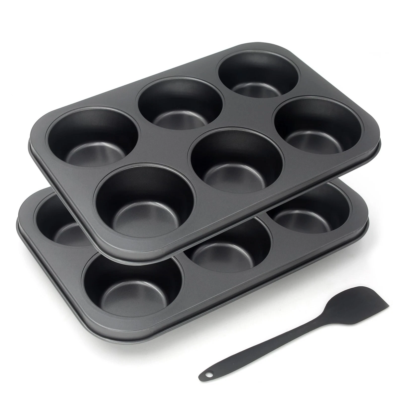 Non-Stick Jumbo Muffin Pans, 6-Cup Set of 2 Baking Pans with a Spatula for Ex...