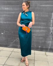 ZARA NEW WOMAN GOLD APPLIQUÉ SATIN MIDI DRESS DUCK GREEN S 2774/898/538