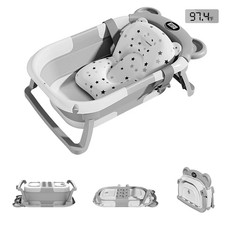 Portable Foldable Baby Bathtub Collapsible Infant Bath Tub w/ Thermometer Seat