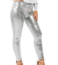 TIPSY ELVES SILVER SEQUIN HIGH RISE LEGGINGS Women's Medium Med M Silver NWT