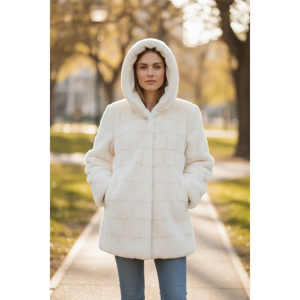 Abrigo reversible con capucha blanco Dennis by Dennis Basso piel de conejito sintético para mujer M  Foto 3 de 4