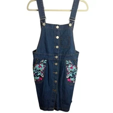 POL Floral Embroidered Denim Overall Dress Boho Casual Adjustable Size Small