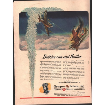 #ad 1943 magazine ad for Thompson Products WW2 fighter planes no vapor lock pumps $19.07