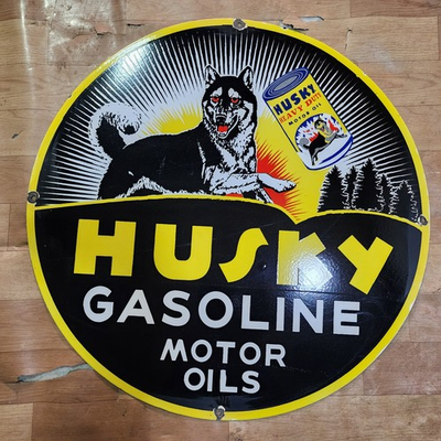 #ad HUSKY GASOLINE PORCELAIN ENAMEL SIGN 29 X 29 INCHES $57.00