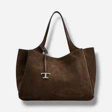Tod's Women's Brown Suede Stamped Logo Medium Tote Bag