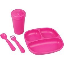 Re-Play Toddler Dinnerware Set - Spill-Proof Sippy Cup, 7" Divided Plate, For...