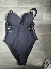 River Island Swimsuit Size 10 Black High Leg Strap Side Zip Back Padded Cups VGC