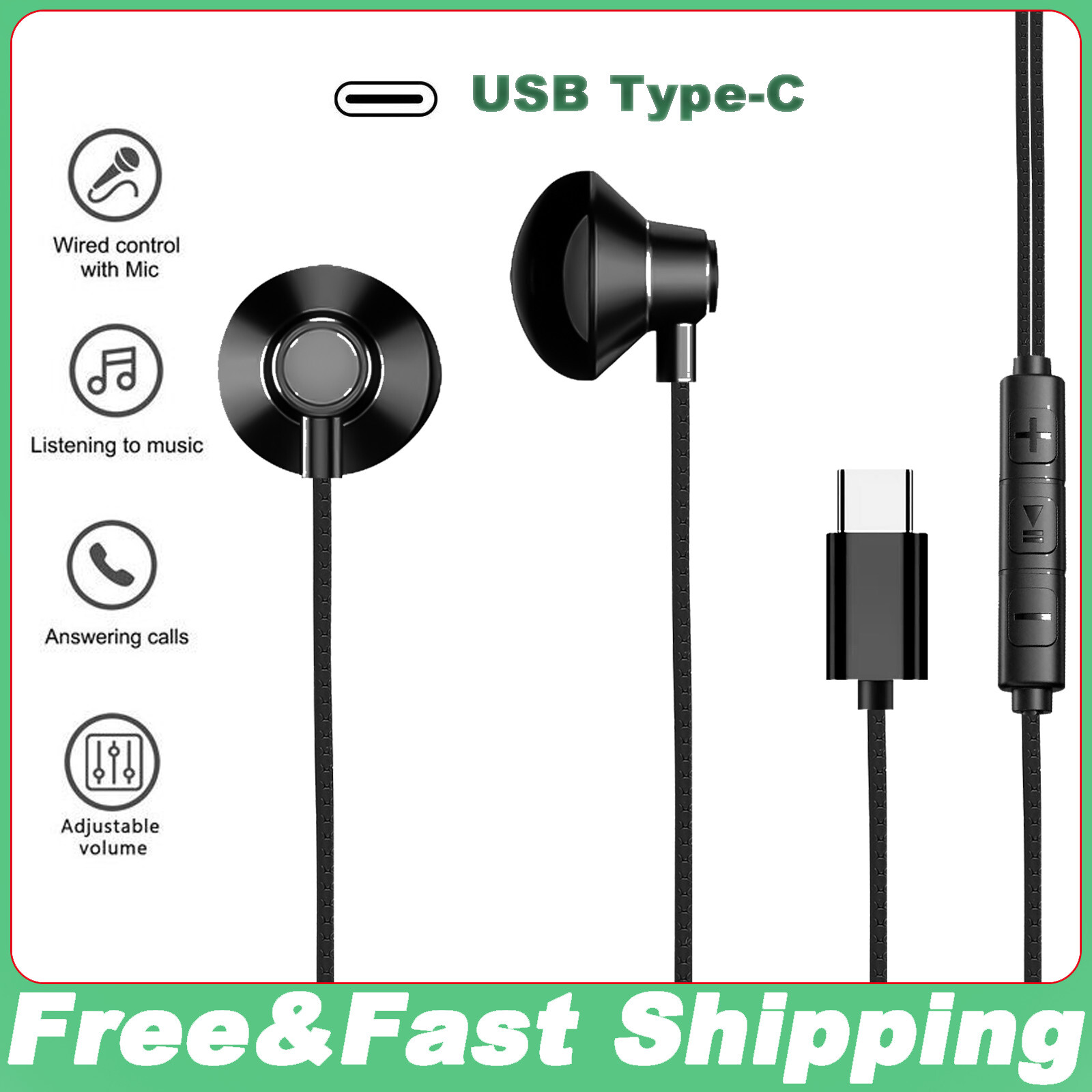 Type-C Wired Earphone In Ear Headset Stereo Bass Sound Earphone Earbuds USB-C