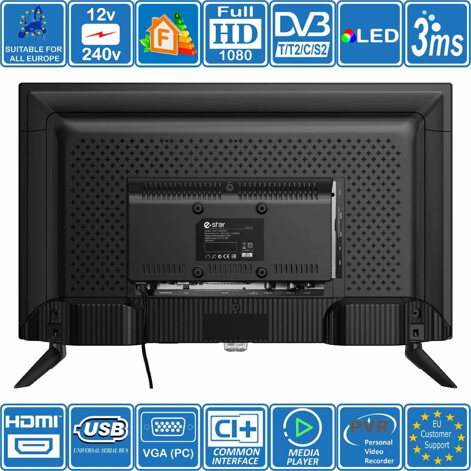 eStar 22 Inch Digital Freeview HD TV 240V 12V Car Cable. Motorhome Caravan Boat - Image 4 of 4