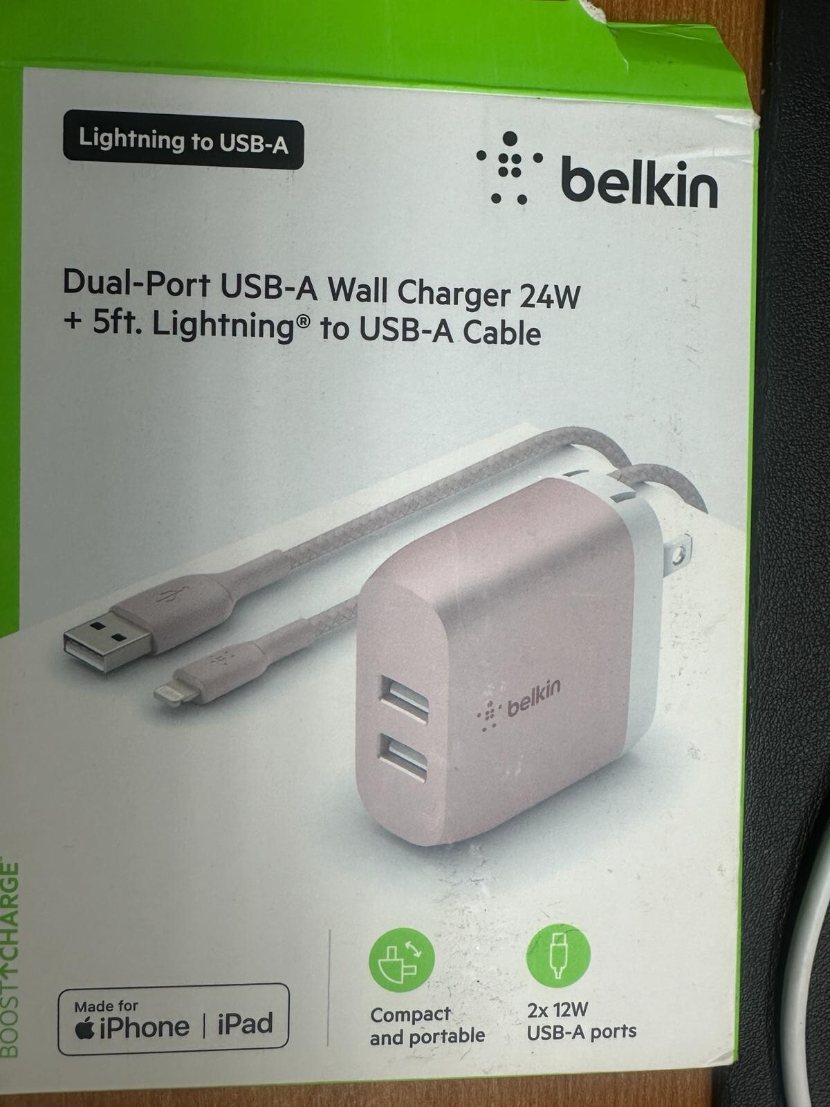 Belkin 24W Dual-Port USB Wall Charger & 5ft Lightning Cable (MFI Certified) Pink-image