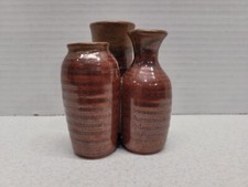 Stoneware Vase Made In Japan Brown Glaze Three Vases Attached 3.5" Tall 