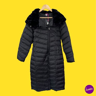 V BY VERY Premium Longline Padded Coat, Faux Fur Hood Trim, Zip Up, Black, UK 8