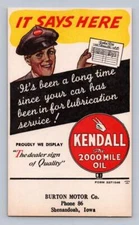 Kendall Oil Advertising Vintage Postcard ~ Burton Motor Co. SHENANDOAH Iowa ~20s