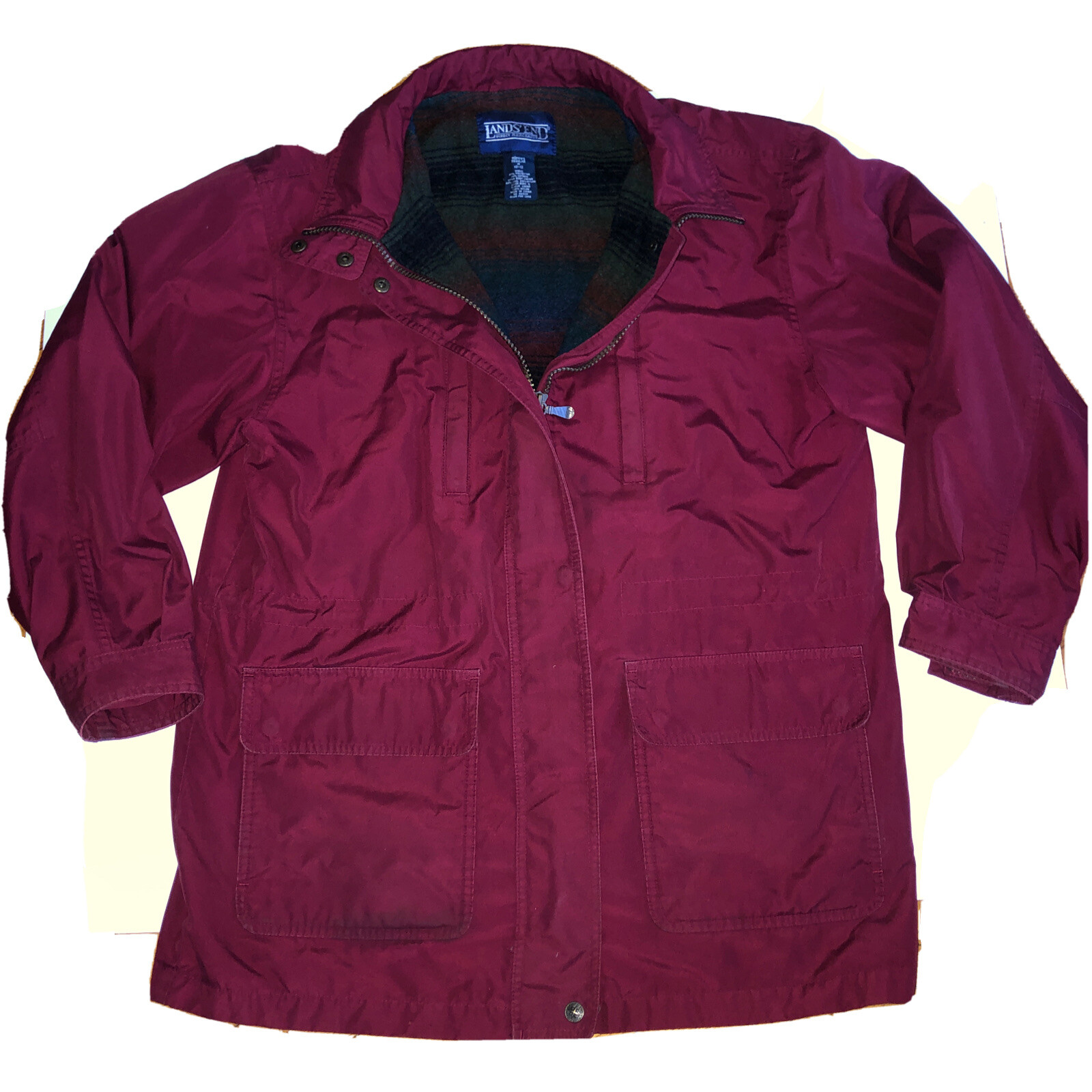 Vintage Lands End Plaid Wool Lined Red Parka Jacket Barn Coat Chore 